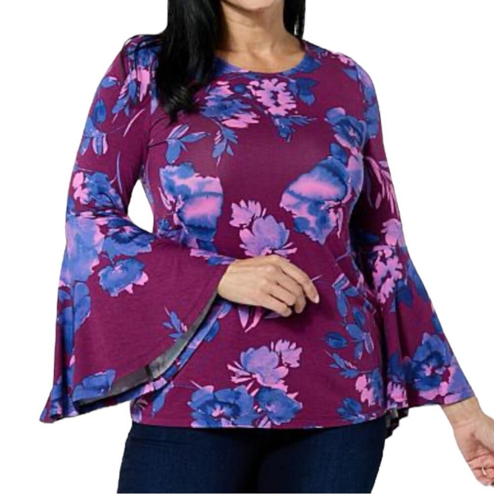 IMAN Global Chic Flounce Sleeve Top Floral Women’s Size Large